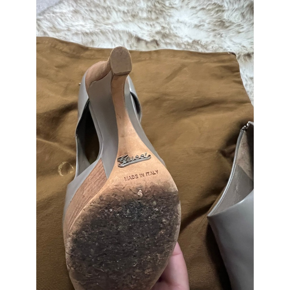 Gucci Grey Leather Wood Platform Wedge Peep Toe Sandals 234867 Size 34.5 - Picture 5 of 6